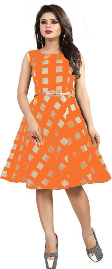 Girls Women A-line Orange Dress ...